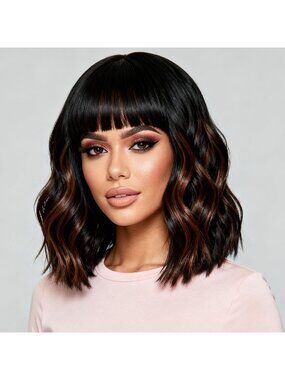 Women's Black Brown Soft Short Bob Style Synthetic Shoulder Length Curly Wigs